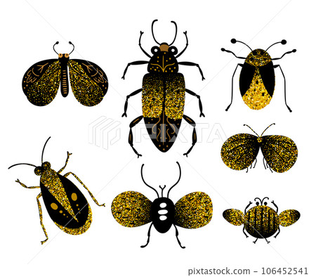 Cute doodle bugs and moth vector black and gold illustration. Cartoon kids summer collection childish characters 106452541