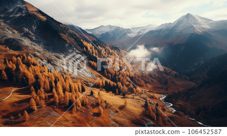 Drone view of the autumn forest and mountains. High quality photo Drone view of the autumn forest and mountains. High quality photo 106452587