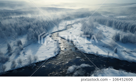 Winter landscape from above, forest in snow and frozen river, drone view. High quality photo 106452600
