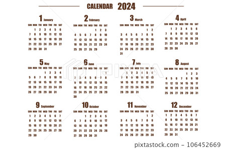 Simple year calendar starting on Sunday in 2024 Simple year calendar starting on Sunday in 2024 106452669