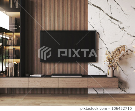 Classic expensive luxury light TV wall mock up with commode and wood panels. Modern interior living room with marble beige background. 3d rendering. High quality 3d illustration 106452710