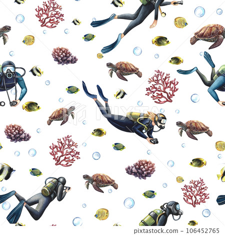 Seamless pattern with divers, and elements of the underwater world. Underwater journey. Hand-drawn in watercolor. The concept of labels, packaging, textiles. For background and decor. Seamless pattern with divers, and elements of the underwater world. Underwater journey. Hand-drawn in watercolor. The concept of labels, packaging, textiles. For background and decor. 106452765