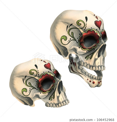 Human skulls profile with a painted ornament is evil, terrible. Hand drawn watercolor illustration for day of the dead, halloween, Dia de los muertos. Set of isolated objects on a white background 106452968