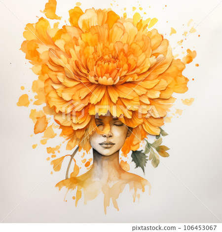 Orange yellow watercolour portrait of woman with marigold cempasuchil tagetes flower on head on white background. Generative AI 106453067