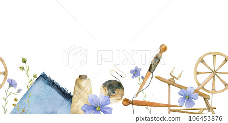 Hand drawn watercolor thread weaving equipment, for hobby, handmade fabric. Natural plant indigo flax linen dye. Illustration seamless banner isolated on white background. Shop logo, print, booklet Hand drawn watercolor thread weaving equipment, for hobby, handmade fabric. Natural plant indigo flax linen dye. Illustration seamless banner isolated on white background. Shop logo, print, booklet 106453876