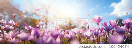 Natural autumn background with delicate lilac crocus flowers on blue sky banner Natural autumn background with delicate lilac crocus flowers on blue sky banner 106454074