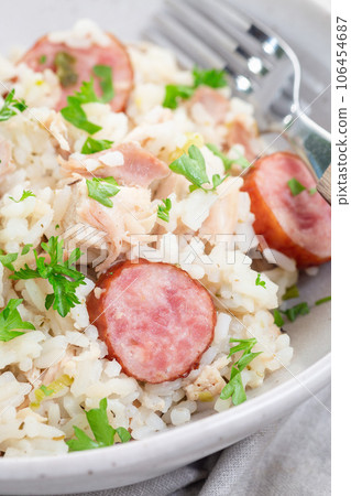 Chicken bog dish with smocked sausages, traditional South Carolina recipe, vertical, closeup 106454687