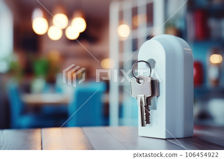 magnetic home key holder on wooden table against room blur background. magnetic home key holder on wooden table against room blur background. 106454922