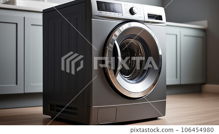 a new washing machine in a bright, cozy laundry room  106454980