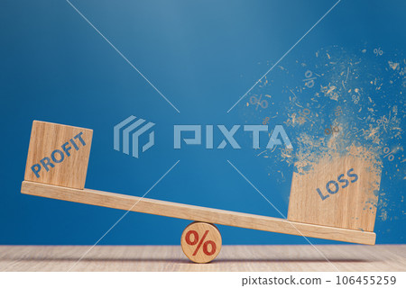 Reducing losses in the stock market. Loss and profit on the scales on a blue background. Stock exchange investment loss reduction, market reversal concept. Reducing losses in the stock market. Loss and profit on the scales on a blue background. Stock exchange investment loss reduction, market reversal concept. 106455259