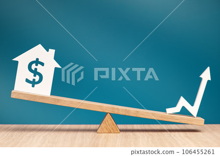 An increase in the interest rate on mortgages in the United States. Increasing the cost of a loan for real estate or rental housing. Model of a house with a dollar symbol on the scales. An increase in the interest rate on mortgages in the United States. Increasing the cost of a loan for real estate or rental housing. Model of a house with a dollar symbol on the scales. 106455261