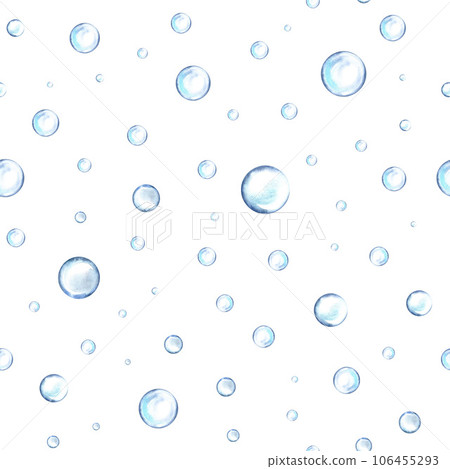 Transparent drops of water. Seamless pattern with water bubbles. Watercolor hand drawn. Label and textile 106455293