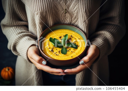 Woman holding a bowl with pumpkin cream soup. Autumn hygge cozy dinner concept 106455404
