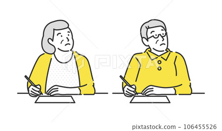 Illustration set of a senior man and woman who can't remember while writing a sentence 106455526