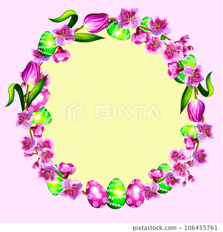 Round frame with colorful painted eggs on an Easter flower wreath. 106455761