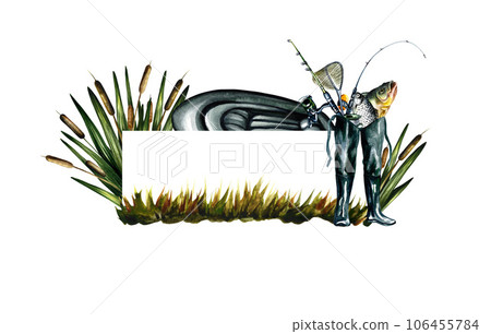 Fishing frame. Fishing gear. Watercolor illustration. For design solutions for labels, postcards, banners, packaging 106455784