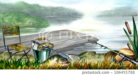 Fishing banner.River valley landscape. A poster with a picturesque view of the summer fishing season. Fishing banner.River valley landscape. A poster with a picturesque view of the summer fishing season. 106455788