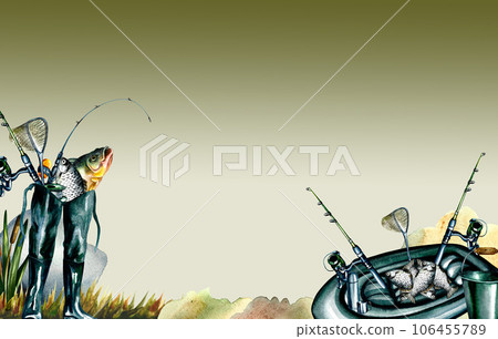 Fishing, banner. Fishing tackle. Fishing rods, boat and rubber boots. Watercolor illustration. For the design of banners Fishing, banner. Fishing tackle. Fishing rods, boat and rubber boots. Watercolor illustration. For the design of banners 106455789