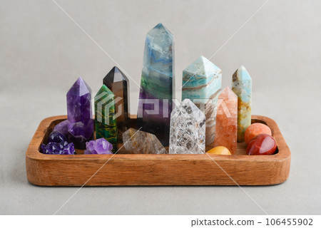 Minerals towers of Fluorite, Smoky Quartz, Amethyst, Crackle Quartz, Aragonite, Amazonite, Emerald, Fire Quartz Minerals towers of Fluorite, Smoky Quartz, Amethyst, Crackle Quartz, Aragonite, Amazonite, Emerald, Fire Quartz 106455902