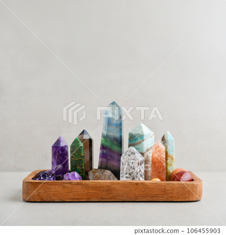 Minerals towers of Fluorite, Smoky Quartz, Amethyst, Crackle Quartz, Aragonite, Amazonite, Emerald, Fire Quartz Minerals towers of Fluorite, Smoky Quartz, Amethyst, Crackle Quartz, Aragonite, Amazonite, Emerald, Fire Quartz 106455903
