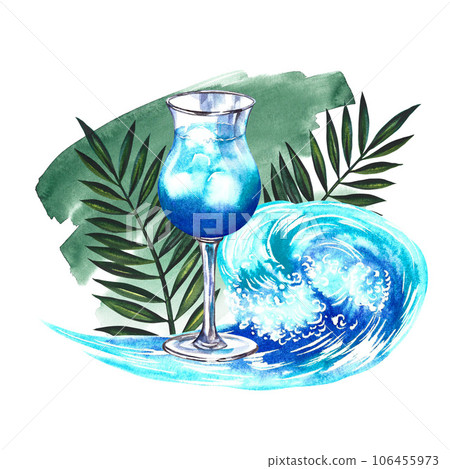 Blue Lagoon Cocktail. Composition depicting a blue drink and a sea wave. Watercolor hand drawn illustration. For the design of menus, flyers, banners, postcards. For invitations, posters, labels. 106455973