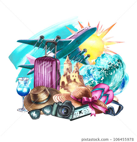 Travel to the sea by plane. Composition depicting an airplane, the sea, a beach and the attributes of a holiday. Watercolor illustration. For flyers, banners, postcards. For invitation, poster, label 106455978