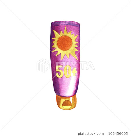 A bottle of sunscreen. Isolated on white background. Watercolor hand drawn illustration. Designed for flyers, banners and postcards. For invitations, posters and labels. for stickers and prints. A bottle of sunscreen. Isolated on white background. Watercolor hand drawn illustration. Designed for flyers, banners and postcards. For invitations, posters and labels. for stickers and prints. 106456005