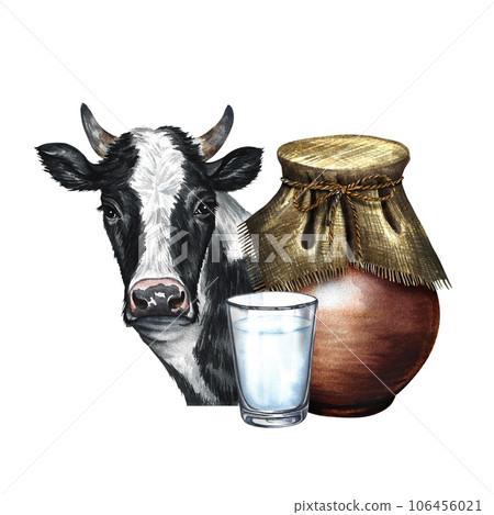 Cow and dairy products in ceramic and glassware. Watercolor hand drawn illustration. On a white background. For milk promotion banner, dairy products label packaging. For poster, prints, busines card. 106456021