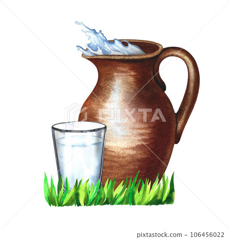Dairy products. Ceramic jug and glass cup with milk. Watercolor hand drawn illustration. On a white background. For milk promotion banner and flyer, dairy product label packaging. 106456022