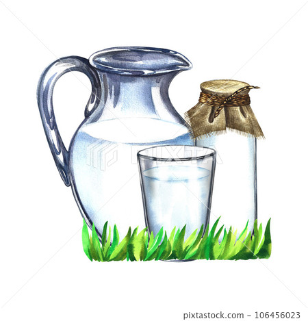 Dairy products in glass containers. Decanter, glass and bottle of milk. Watercolor hand drawn illustration. On a white background. For milk promotion banner and flyer, dairy product label packaging. 106456023