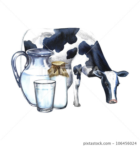 Cow and dairy products in a glass bowl. Watercolor hand drawn illustration. On a white background. For advertising banner, milk flyer, dairy product label packaging. For posters, prints, busines card. 106456024