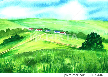 Rural summer landscape. Watercolor hand drawn illustration, rural view - fields and meadows, old village. For flyer banner advertising backgrounds. farm food package. For painting on the wall, poster. 106456025