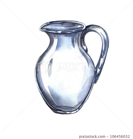 Empty glass jug for water, juice or milk with handle and spout, glassware or drinking utensils. Watercolor hand drawn illustration. Isolated on white. For designer packaging of dairy products. Empty glass jug for water, juice or milk with handle and spout, glassware or drinking utensils. Watercolor hand drawn illustration. Isolated on white. For designer packaging of dairy products. 106456032