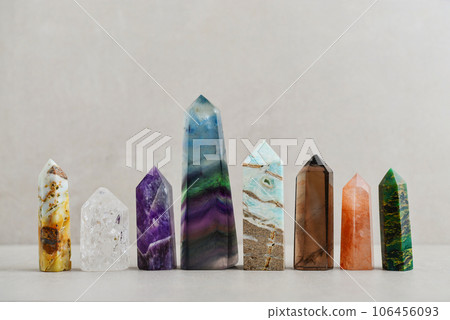 Minerals towers of Fluorite, Smoky Quartz, Amethyst, Crackle Quartz, Aragonite, Amazonite, Emerald, Fire Quartz Minerals towers of Fluorite, Smoky Quartz, Amethyst, Crackle Quartz, Aragonite, Amazonite, Emerald, Fire Quartz 106456093