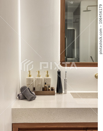 Modern bathroom with portable electronic oral irrigator Modern bathroom with portable electronic oral irrigator 106456179