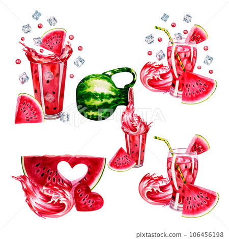 Set of watermelon juice in a glass with ice. Watercolor hand drawn illustration. Isolate. For labels, packaging, banners. For textiles, prints and stickers, for menus, invitation and greeting cards. 106456198