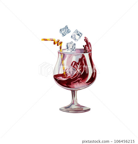 Red juice in a glass goblet with ice cubes. Watercolor illustration. Isolated. For design labels, packaging and banners. Red juice in a glass goblet with ice cubes. Watercolor illustration. Isolated. For design labels, packaging and banners. 106456215