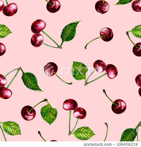 Cherry. Seamless pattern. Watercolor illustration. For labels, packaging and banners. For textiles, prints and stickers. 106456219