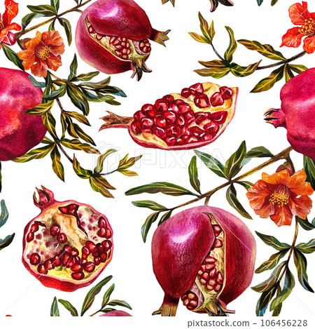 Pomegranate seamless pattern. Pomegranate fruit on a branch, open pomegranate, flowers. Watercolor illustration. Pomegranate seamless pattern. Pomegranate fruit on a branch, open pomegranate, flowers. Watercolor illustration. 106456228