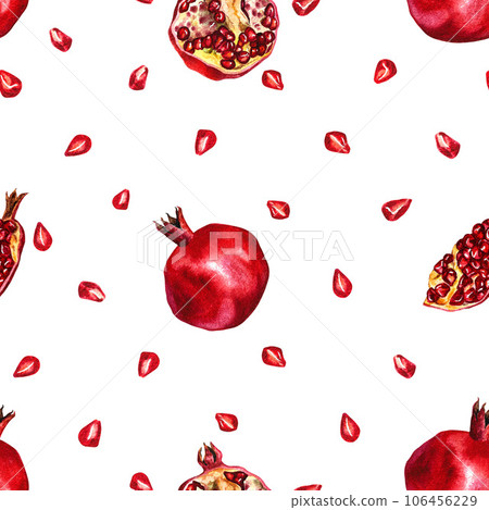 Seamless pattern of pomegranate. Watercolor illustration. For labels, packaging, textiles, postcards, etc Seamless pattern of pomegranate. Watercolor illustration. For labels, packaging, textiles, postcards, etc 106456229