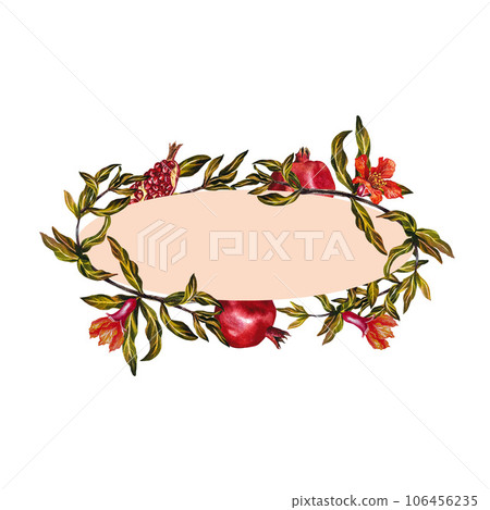 Oval frame made of pomegranate fruit on a branch, burst, cut pomegranate. Watercolor illustration. Oval frame made of pomegranate fruit on a branch, burst, cut pomegranate. Watercolor illustration. 106456235