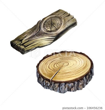 Set of old wooden board and round wood cutting. Watercolor illustration isolated on white background. 106456236