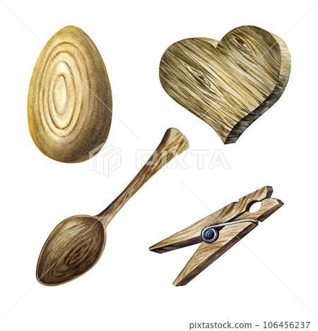A set of wood products, a spoon, a clothespin, an egg and a heart. Watercolor illustration isolated on white background. 106456237