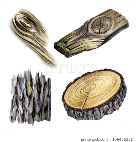 Set of old wooden plank, round cutting wood and bark. Watercolor illustration isolated on white background. Set of old wooden plank, round cutting wood and bark. Watercolor illustration isolated on white background. 106456238