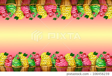 Multi-colored cupcakes with cream, berries and fruits. Watercolor illustration. For labels, textiles and packaging. Multi-colored cupcakes with cream, berries and fruits. Watercolor illustration. For labels, textiles and packaging. 106456239