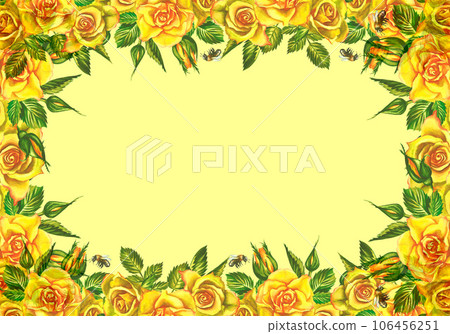 Roses are yellow. Floral frame. Watercolor illustration. For wedding, greeting and invitation cards watercolor design. 106456251