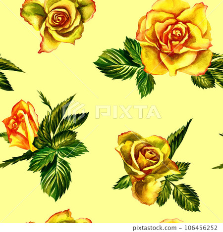 Floral pattern of roses on a yellow background. Floral pattern of roses on a yellow background. 106456252