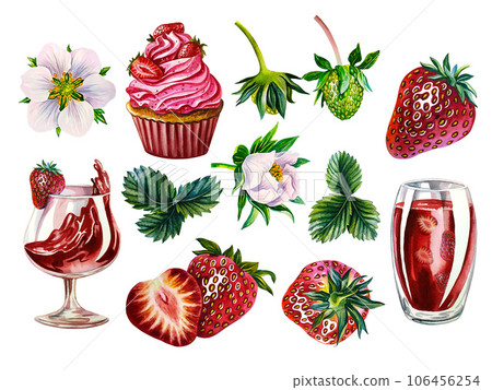 Strawberry set with berries, flowers and leaves. Watercolor illustration. Isolate. For design solutions for packaging 106456254