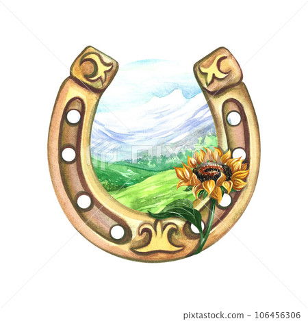 Horseshoe with a sunflower in the background of a mountain landscape. Watercolor painted by hand. For printing, stickers 106456306