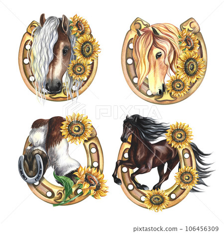 A set of horseshoes depicting a horse in sunflowers. Hand watercolor. Isolate. Talisman of good luck. For stickers and labels, postcards, business cards and packaging, banners, t-shirts. 106456309